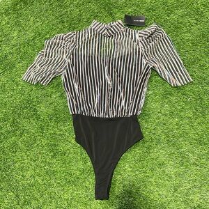 Ladies sheer mock neck bodysuit/leotard with multi colored metallic stripes.